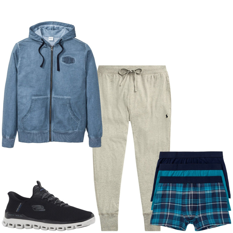 Outfit uomo - Total look #2329303. Stile Urban per Sport. Abbinamento con boxer, felpe con cappuccio, sneakers, pantaloni.