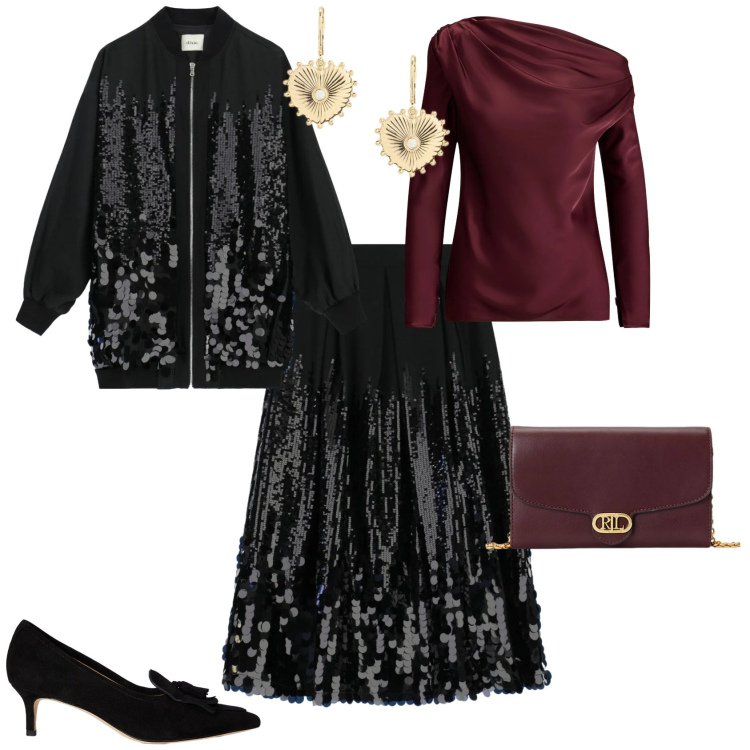 Outfit donna - Glamour serata evento speciale. Stile Glamour per Serata fuori. Abbinamento con bomber, gonne longuette, borse a tracolla, bluse, décolleté, orecchini.