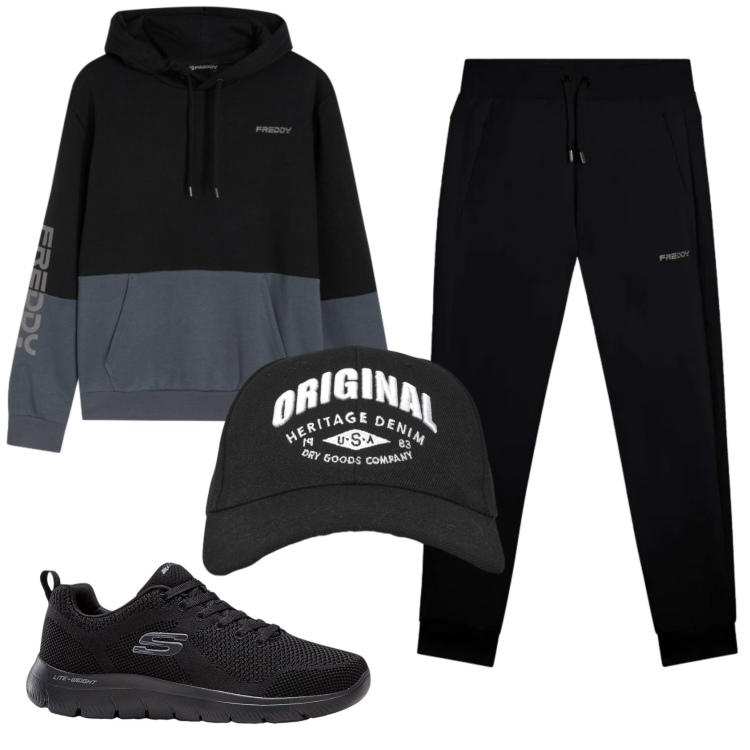 Outfit uomo - Total look #2329307. Stile Casual per Tutti i giorni. Abbinamento con sneakers, cappelli con visiera, pantaloni, felpe con cappuccio.