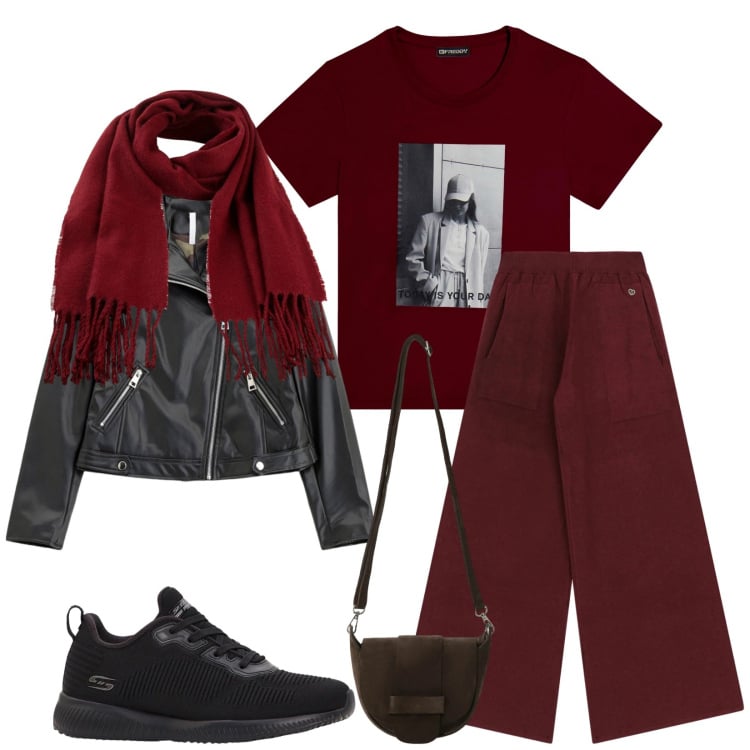 Outfit donna - Total look #2329309. Stile Casual per Tutti i giorni. Abbinamento con sneakers, sciarpe, blazer, borse a tracolla, pantaloni a palazzo, t-shirt.