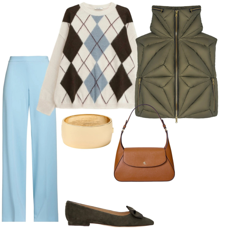 Outfit donna - Sportiva e eleganza. per Tutti i giorni. Abbinamento con pantaloni, maglieria, ballerine, borse a spalla, braccialetti, piumini.