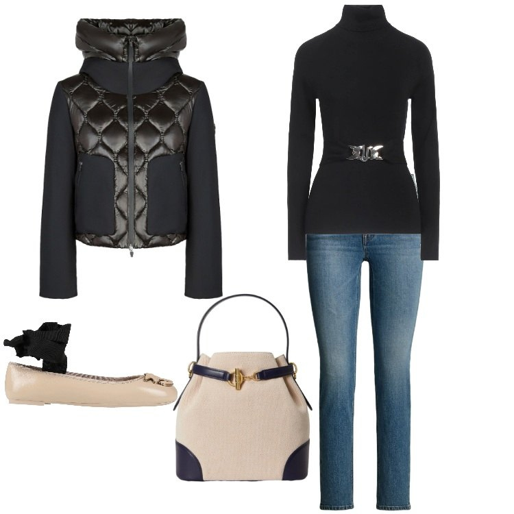 Outfit donna - Per andare in ufficio. Stile Bon Ton per Ufficio. Abbinamento con maglieria, ballerine, jeans dritti, borse a secchiello, piumini.