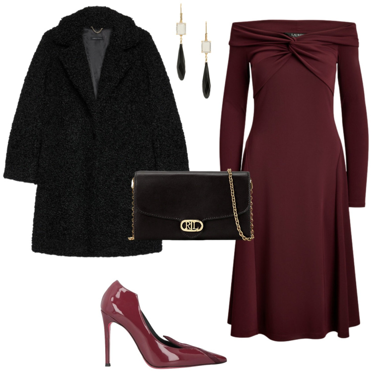 Outfit donna - Chic serata evento speciale. Stile Chic per Serata fuori. Abbinamento con décolleté, borse a tracolla, vestiti, orecchini, cappotti.