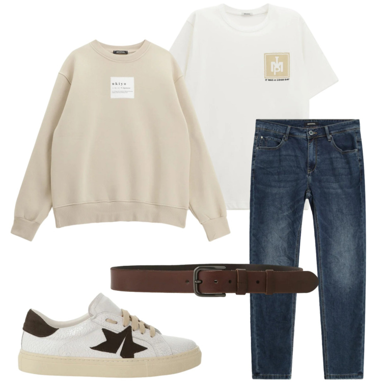 Outfit uomo - Casual style. Stile Casual per Tutti i giorni. Abbinamento con felpe, t-shirt, cinture, jeans slim fit, sneakers.