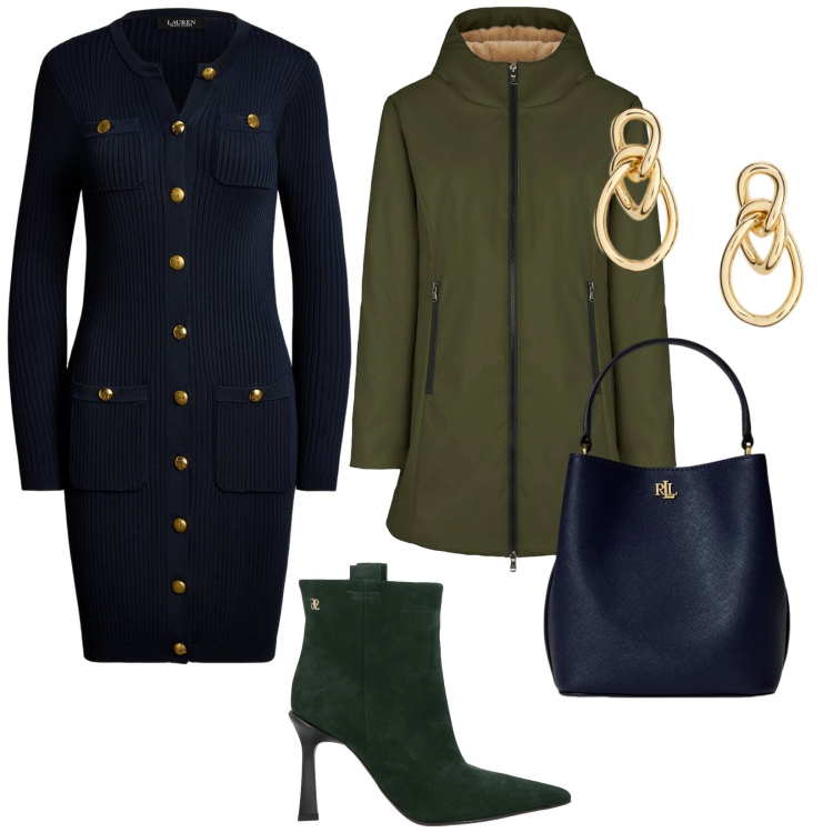 Outfit donna - Stivaletti verdi. per Tutti i giorni. Abbinamento con stivaletti, vestiti, borse a secchiello, orecchini, parka.
