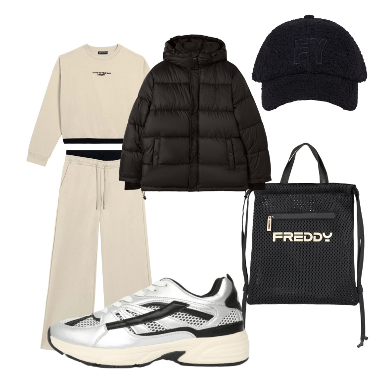 Outfit donna - Total look #2329330. Stile Sporty chic per Tutti i giorni. Abbinamento con bomber, sneakers, pantaloni, felpe, zaini, cappelli con visiera.