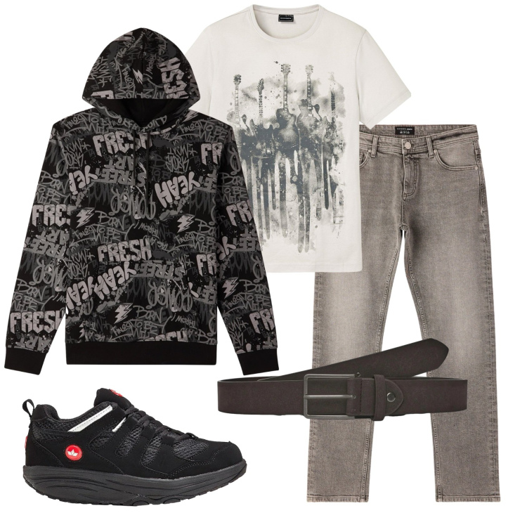 Outfit uomo - Total look #2329331. Stile Casual per Tutti i giorni. Abbinamento con t-shirt, sneakers, cinture, felpe con cappuccio, jeans.