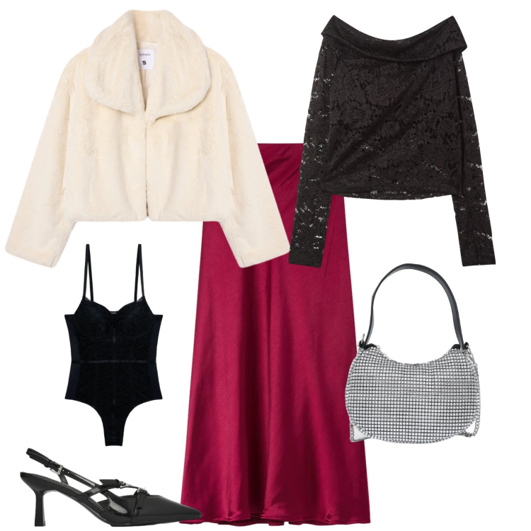 Outfit donna - Romantica serata evento speciale. Stile Romantica per Serata fuori. Abbinamento con gonne lunghe, ecopellicce, borse a spalla, bluse, décolleté, body.