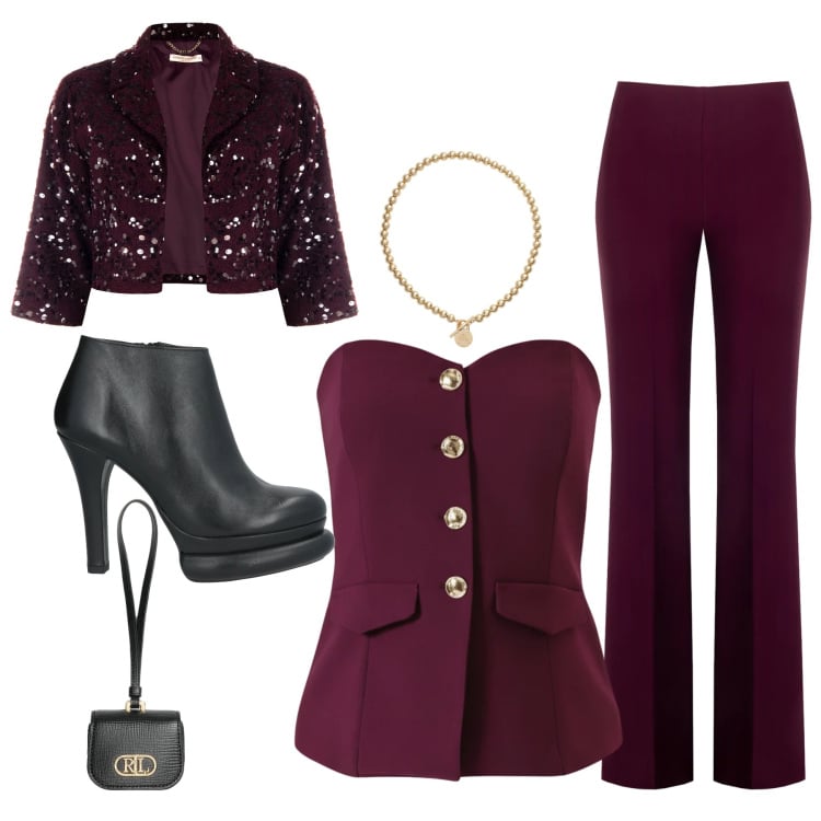Outfit donna - S. Valentino intenso. Stile Glamour per Serata fuori. Abbinamento con stivaletti, top, pantaloni, bolero, collane, pochette.