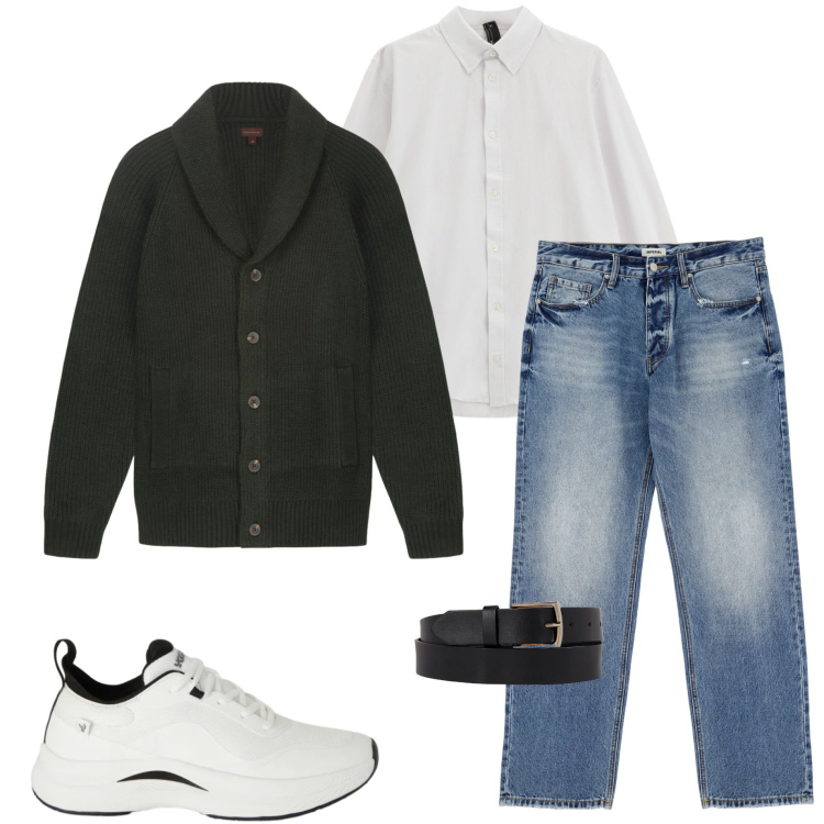 Outfit uomo - La camicia bianca. Stile Casual per Serata speciale. Abbinamento con jeans, camicie, sneakers, cinture, cardigans.