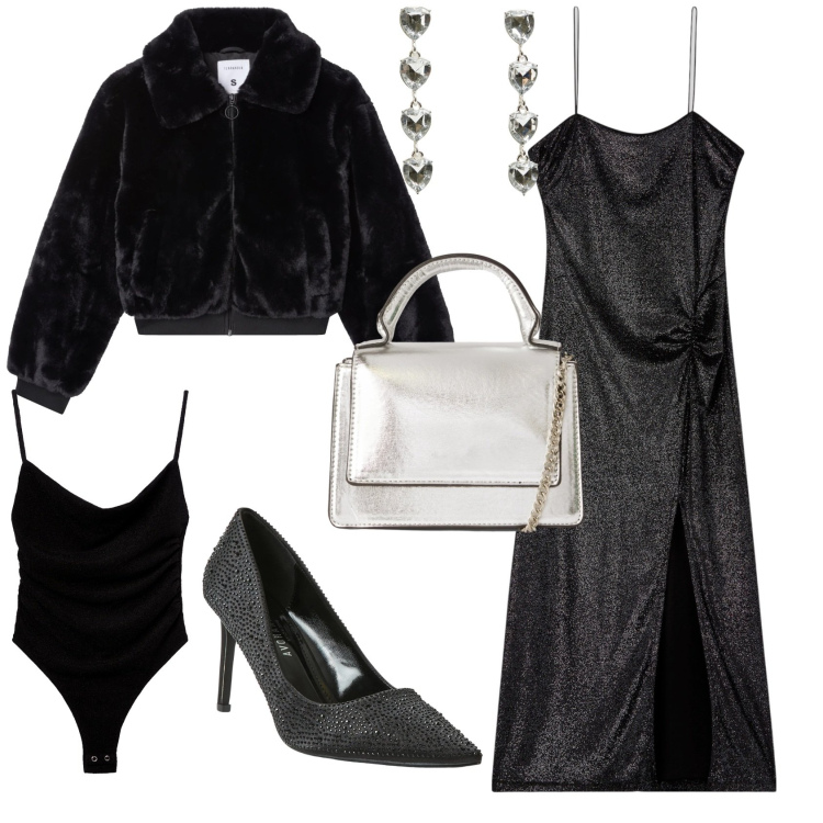 Outfit donna - Glamour serata evento speciale. Stile Glamour per Serata fuori. Abbinamento con vestiti lunghi, ecopellicce, body, décolleté, orecchini, borse a tracolla.