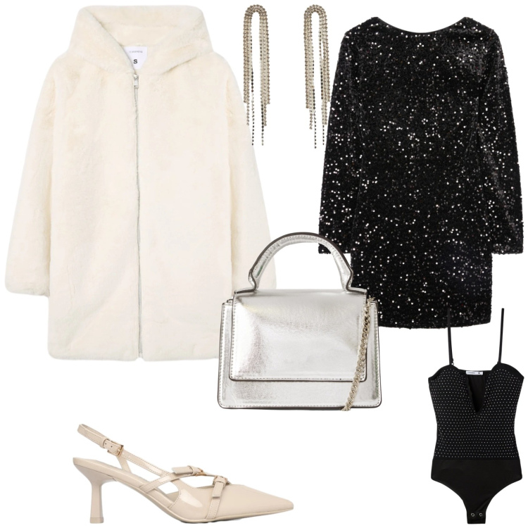 Outfit donna - Glamour serata evento speciale. Stile Glamour per Serata fuori. Abbinamento con vestiti corti, cappotti, orecchini, body, borse a tracolla, décolleté.