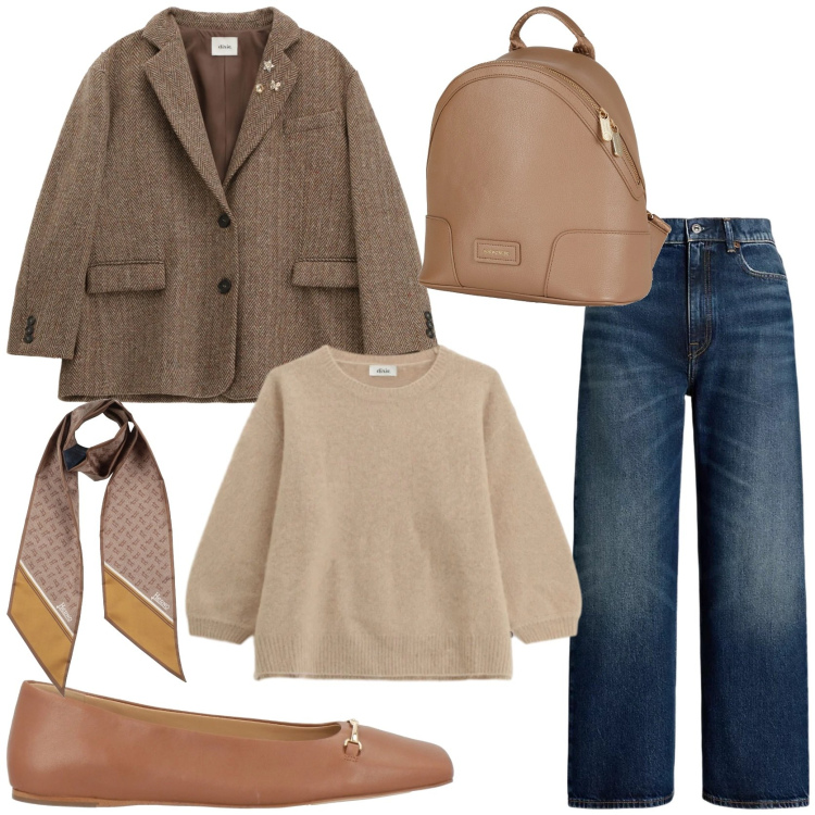 Outfit donna - Outfit inspo. Stile Casual chic per Tutti i giorni. Abbinamento con zaini, sciarpe, ballerine, maglieria, blazer, jeans.