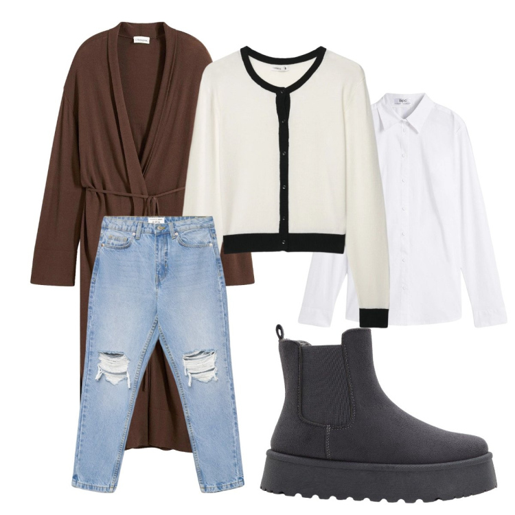 Outfit donna - Jeans strappati. Stile Urban per Scuola/Università. Abbinamento con cappotti, camicie, stivaletti chelsea, cardigans, jeans mom.