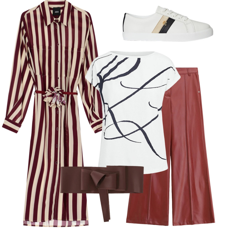 Outfit donna - Brown is fashion. Stile Casual per Scuola/Università. Abbinamento con cinture, vestiti midi/longuette, pantaloni, maglieria, sneakers.