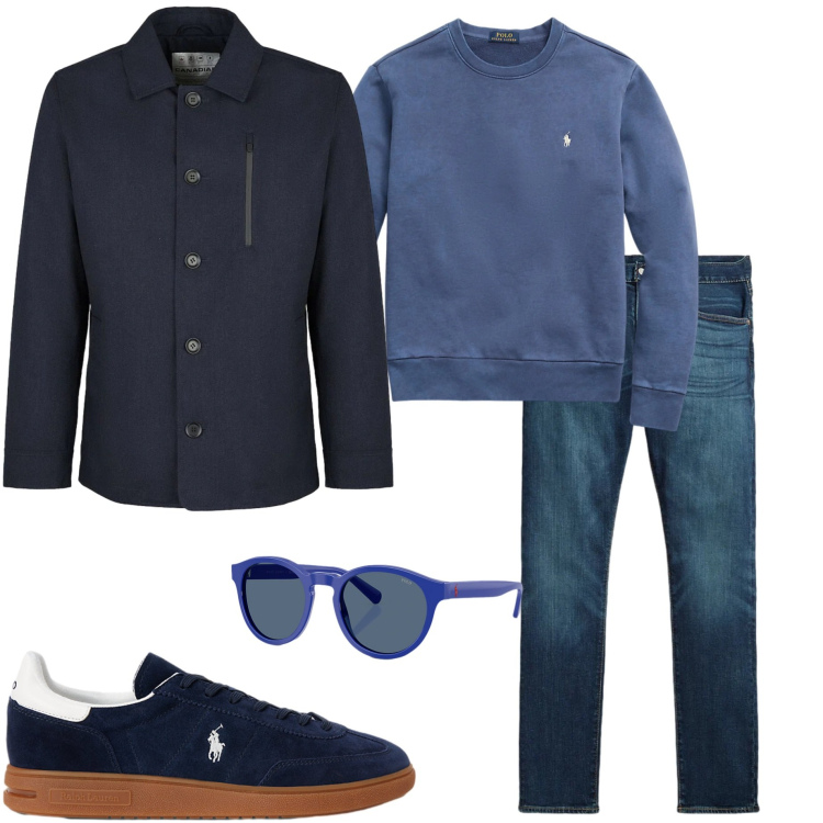 Outfit uomo - Casual chic. Stile Casual per Ufficio. Abbinamento con jeans, felpe, sneakers, occhiali da sole, piumini.