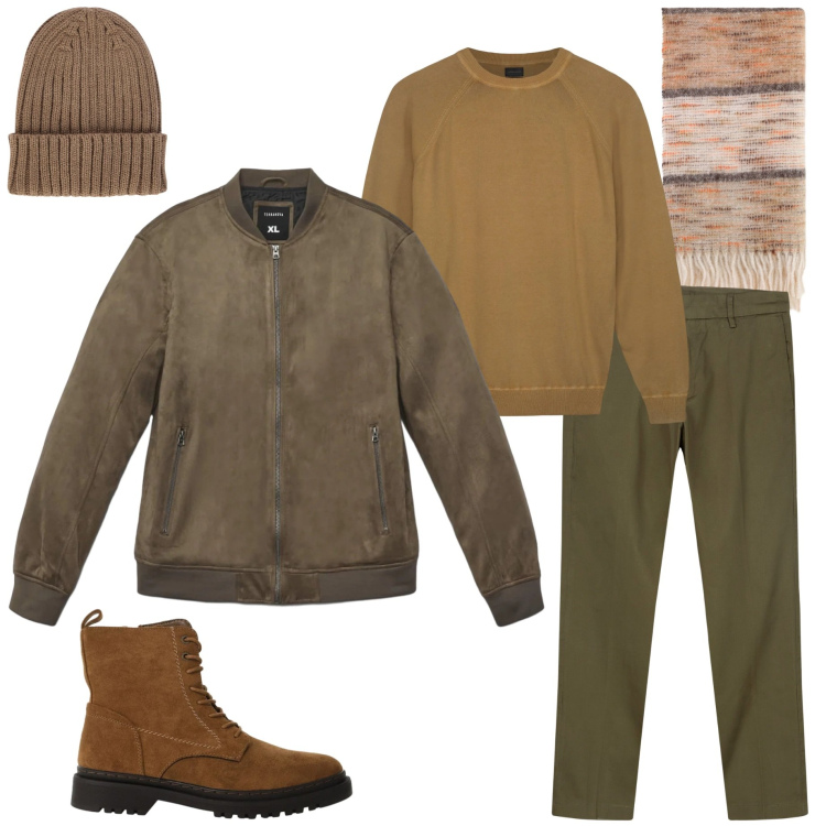 Outfit uomo - Febbraio freddo. Stile Urban per Tutti i giorni. Abbinamento con giacche, anfibi, sciarpe, berretti, pantaloni chino, maglieria.