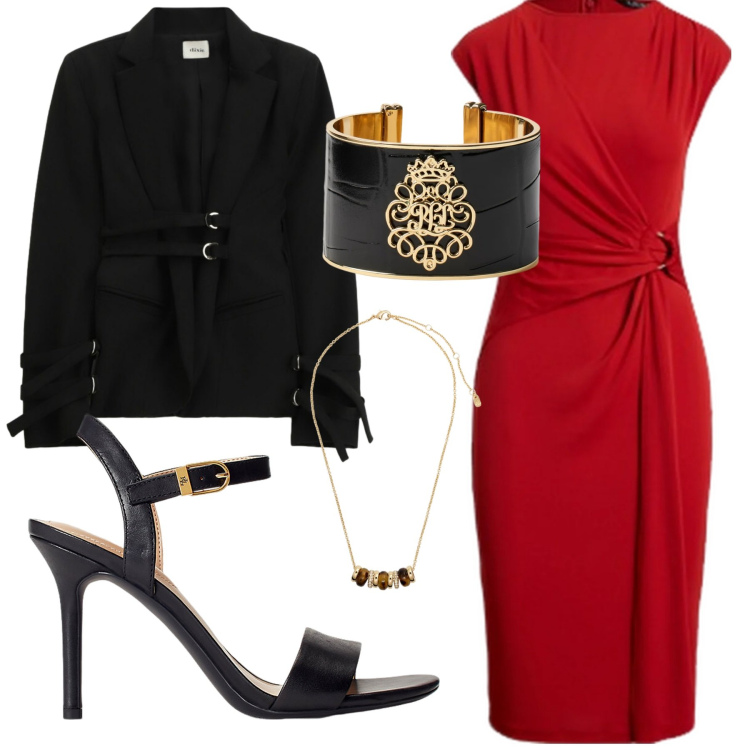 Outfit donna - Red passion. Stile Casual chic per Serata fuori. Abbinamento con blazer, collane, braccialetti, sandali in pelle, vestiti.