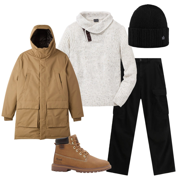 Outfit uomo - Casual. Stile Casual per Tutti i giorni. Abbinamento con maglieria, stivali e stivaletti, parka, pantaloni cargo, cappelli.