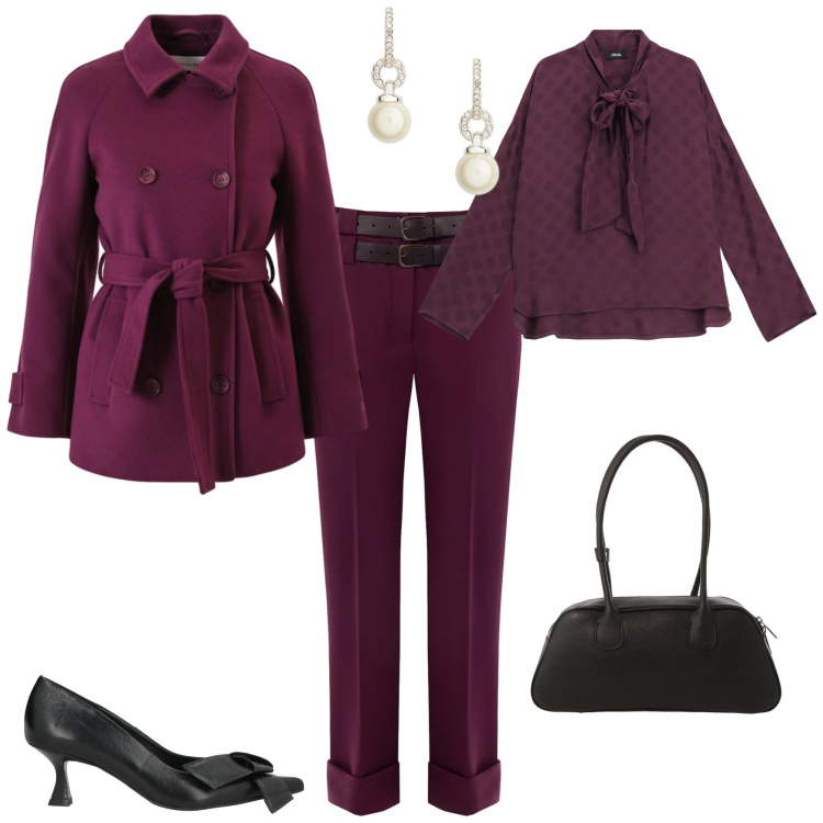 Outfit donna - Chic serata evento. Stile Chic per Serata fuori. Abbinamento con décolleté, bluse, borse a mano, caban, pantaloni, orecchini.