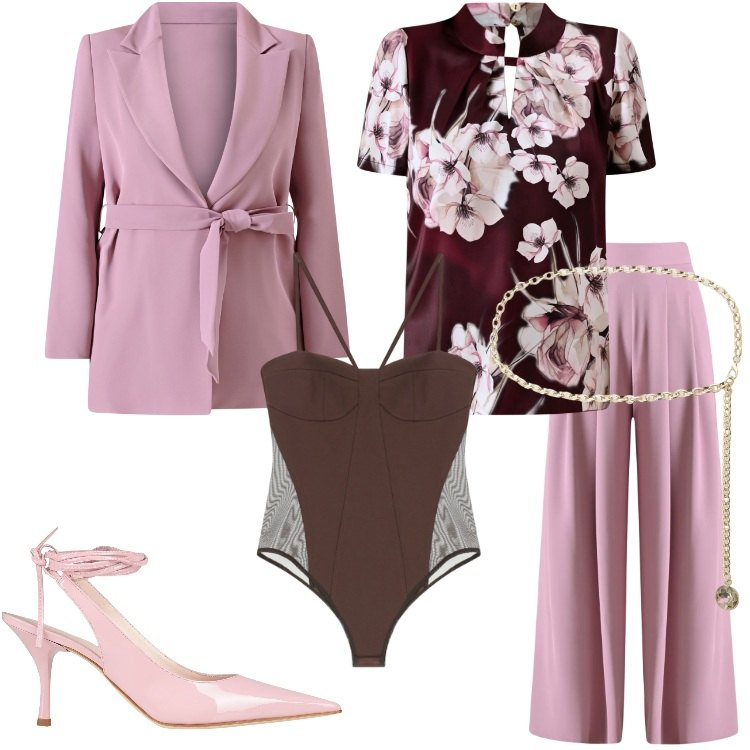 Outfit donna - Idee per cerimonia romantica. Stile Romantica per Cerimonia. Abbinamento con décolleté, body, cinture, pantaloni a palazzo, blazer, bluse.