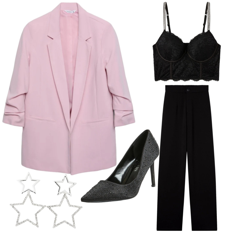 Outfit donna - S. Valentino in rosa e nero. Stile Romantica per Serata fuori. Abbinamento con bralette, pantaloni, blazer, décolleté, orecchini.