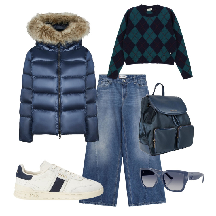 Outfit donna - Urban style. Stile Urban per Scuola/Università. Abbinamento con zaini, maglieria, jeans, occhiali da sole, sneakers, piumini.