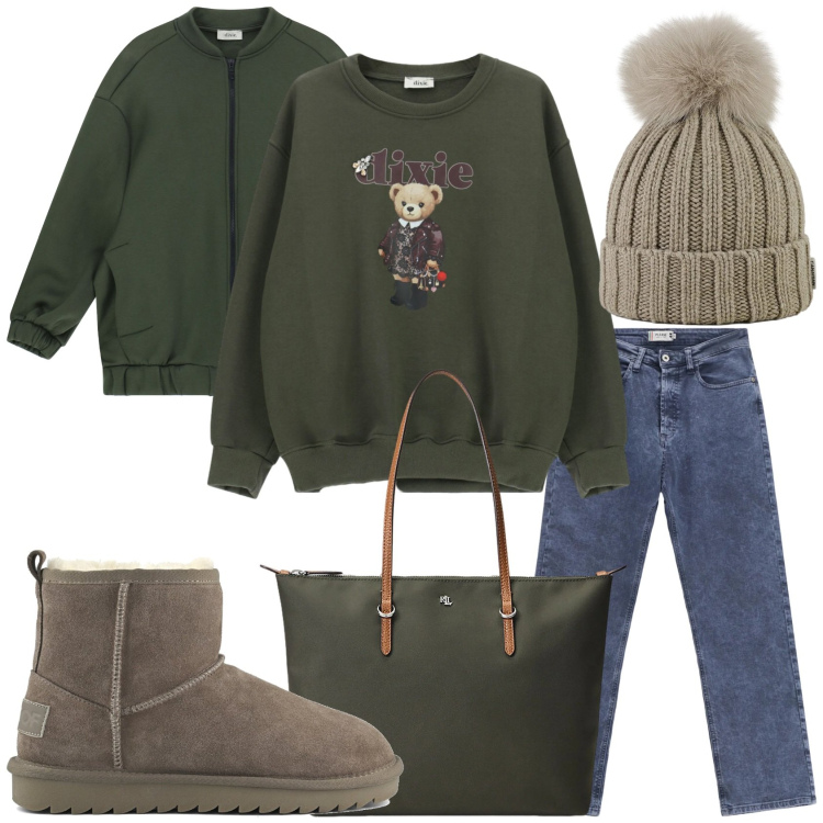 Outfit donna - Febbraio freddo. Stile Casual per Tutti i giorni. Abbinamento con bomber, felpe, jeans dritti, borse tote, berretti, stivali.