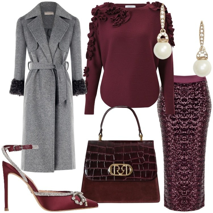 Outfit donna - Burgundy Love. Stile Chic per Serata fuori. Abbinamento con décolleté, maglieria, cappotti, gonne longuette, borse a mano, orecchini.