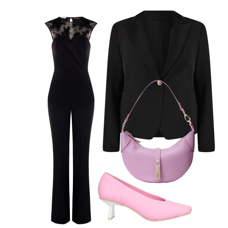 Outfit donna - Pink and black. Stile Bon Ton per Serata fuori. Abbinamento con décolleté, tute, blazer, borse a spalla.