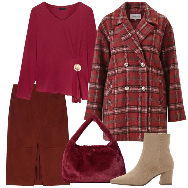 Outfit donna - Una serata comoda. Stile Casual chic per Serata fuori. Abbinamento con stivaletti, gonne longuette, cappotti, t-shirt, borse a spalla.