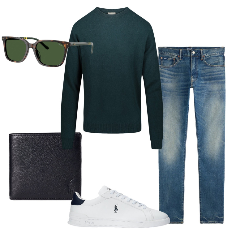 Outfit uomo - Total look #2329393. Stile Casual per Tutti i giorni. Abbinamento con sneakers, portafogli, jeans, occhiali da sole, maglieria.
