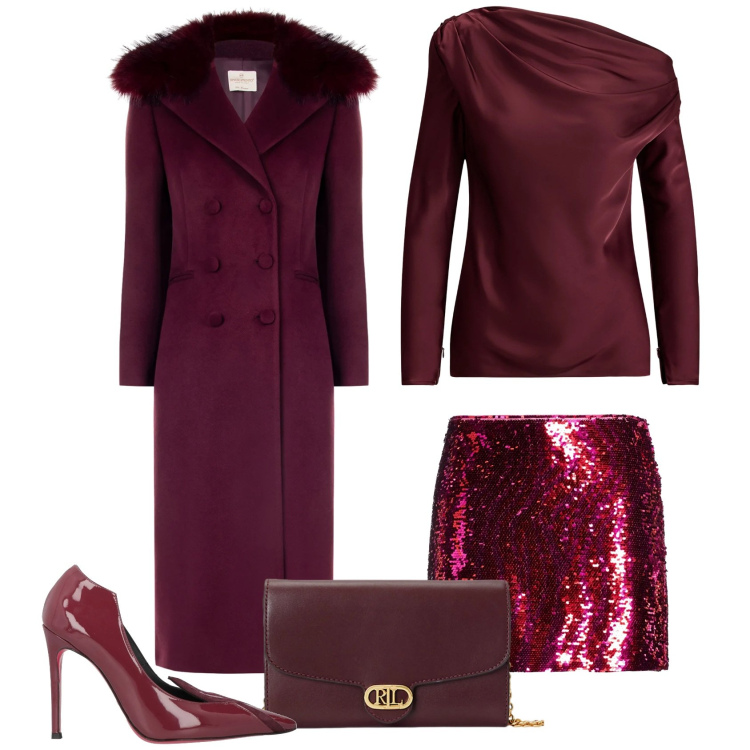 Outfit donna - Serata importante. Stile Glamour per Serata fuori. Abbinamento con minigonne, décolleté, cappotti, borse a tracolla, bluse.