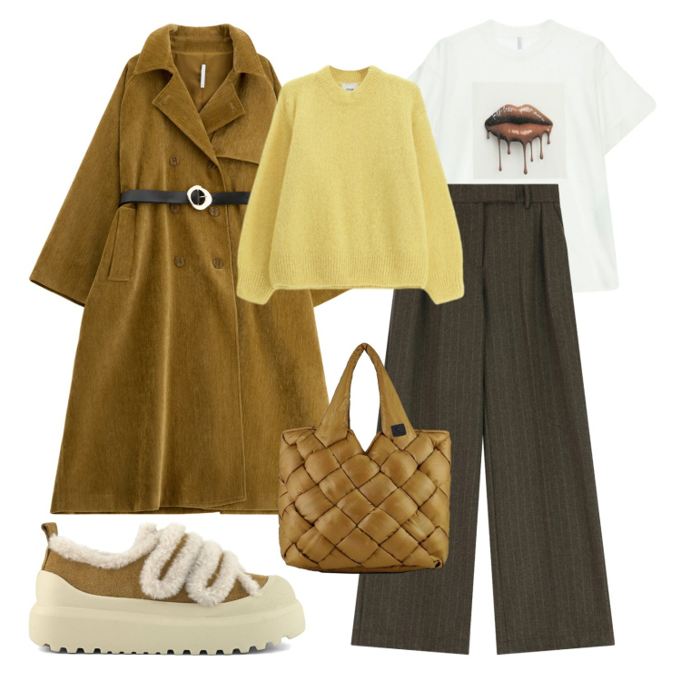 Outfit donna - Sfumature di giallo. Stile Urban per Tutti i giorni. Abbinamento con trench, t-shirt, maglieria, pantaloni a palazzo, borse tote, sneakers.
