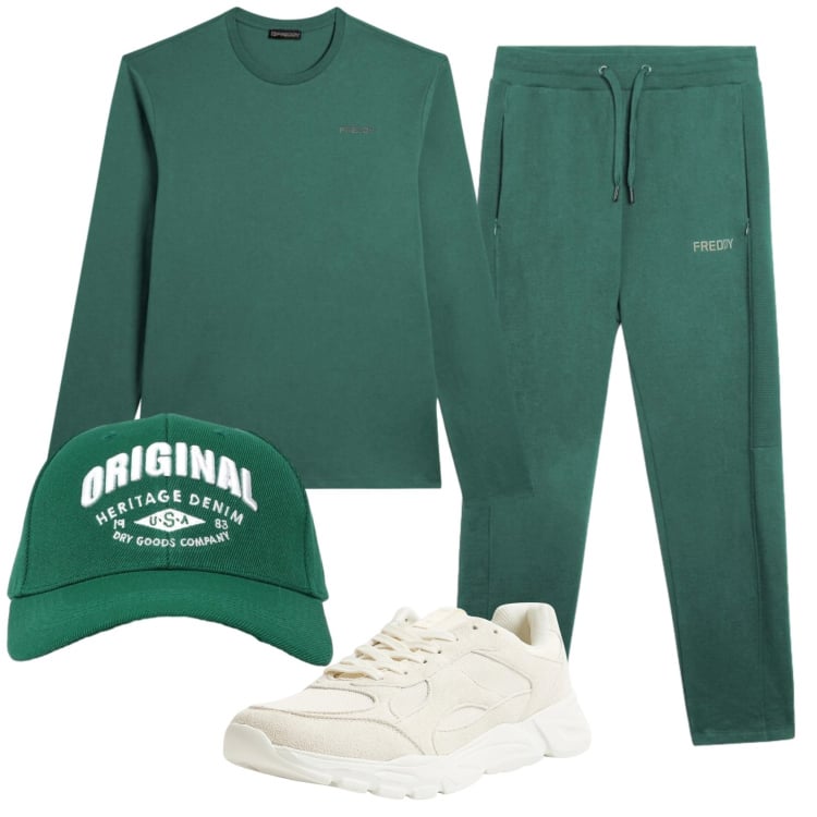 Outfit uomo - Total look #2329401. Stile Casual per Sport. Abbinamento con sneakers, cappelli con visiera, pantaloni, t-shirt.