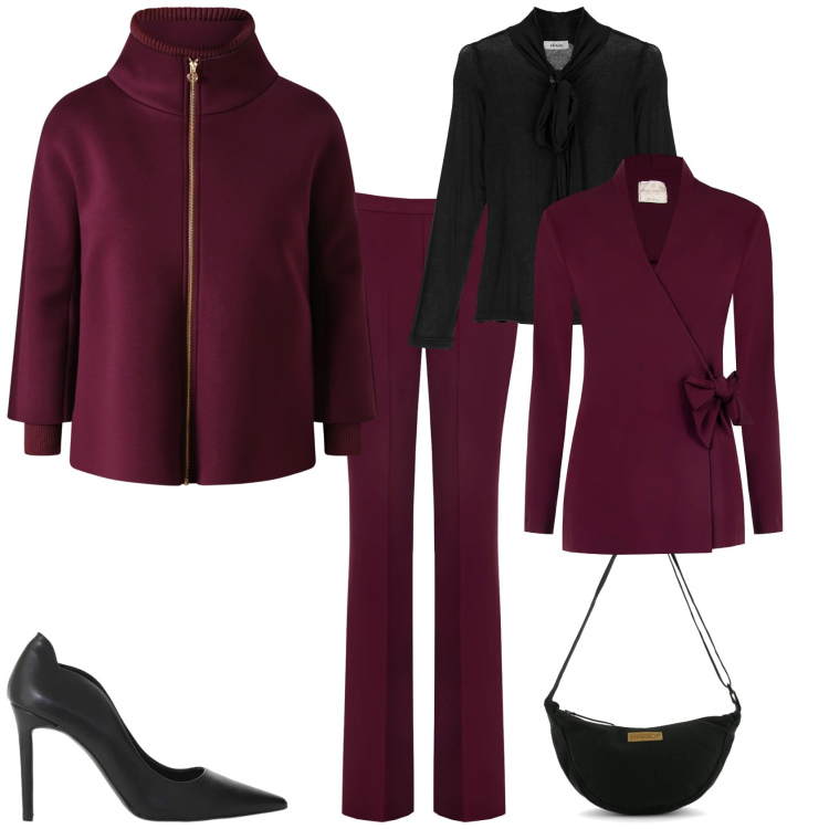 Outfit donna - Chic serata evento speciale. Stile Chic per Serata fuori. Abbinamento con décolleté, top, blazer, cappe, pantaloni, borse a tracolla.