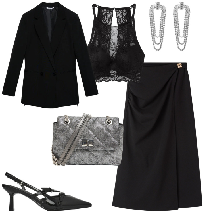 Outfit donna - Serata san Valentino. Stile Sexy per Serata fuori. Abbinamento con orecchini, bralette, borse a tracolla, gonne lunghe, décolleté, blazer.