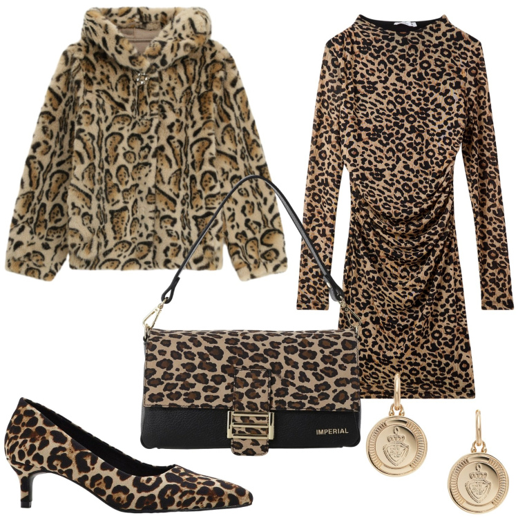Outfit donna - Leopardata. Stile Trendy per Serata fuori. Abbinamento con décolleté, ecopellicce, borse a spalla, vestiti midi/longuette, orecchini.
