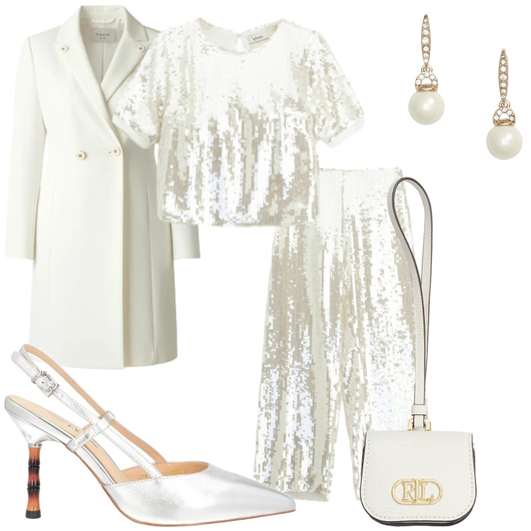 Outfit donna - Total white. Stile Chic per Serata fuori. Abbinamento con décolleté, cappotti, top, pantaloni a palazzo, orecchini, pochette.