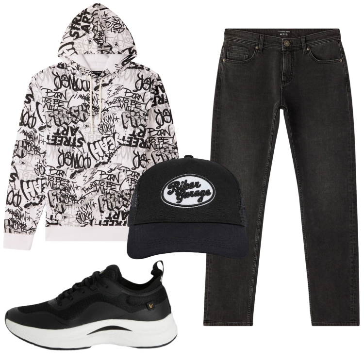 Outfit uomo - Total look #2329408. Stile Casual per Tutti i giorni. Abbinamento con cappelli, jeans, felpe con cappuccio, sneakers.