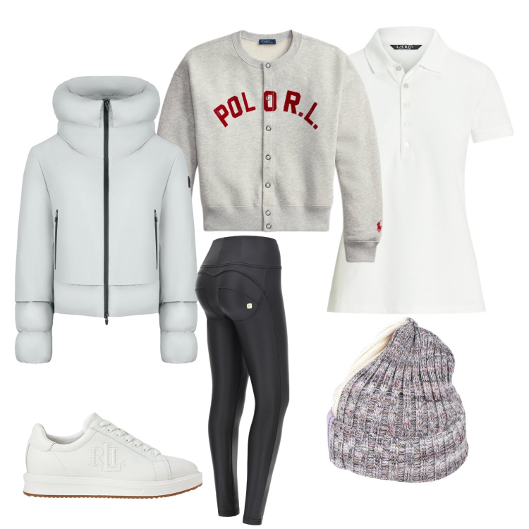 Outfit donna - Sporty Urban Frost. Stile Urban per Tutti i giorni. Abbinamento con cappelli, pantaloni skinny, sneakers, polo, cardigans, piumini.