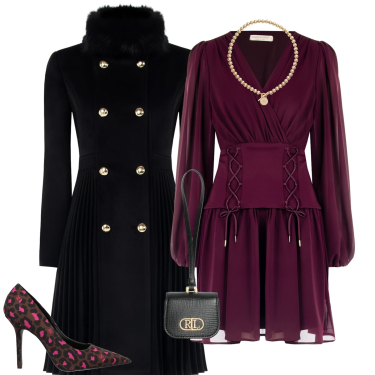Outfit donna - Burgundy love. Stile Glamour per Serata fuori. Abbinamento con décolleté, cappotti, vestiti a tubino, collane, pochette.