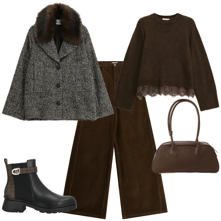 Outfit donna - Casual chic ufficio tempo libero. Stile Casual chic per Tutti i giorni. Abbinamento con stivaletti chelsea, pantaloni a palazzo, cappotti, maglieria, borse a mano.
