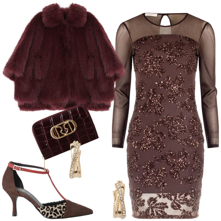 Outfit donna - Eleganza sofisticata. Stile Glamour per Cerimonia. Abbinamento con décolleté, vestiti a tubino, portafogli, blazer, orecchini.