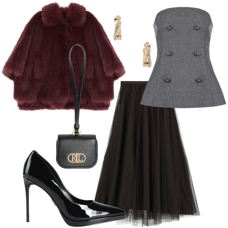 Outfit donna - La mia idea di San Valentino. Stile Romantica per Serata fuori. Abbinamento con décolleté, blazer, gonne lunghe, top, orecchini, pochette.