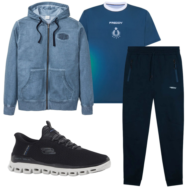 Outfit uomo - Total look #2329423. Stile Urban per Tutti i giorni. Abbinamento con felpe con cappuccio, sneakers, pantaloni, t-shirt.