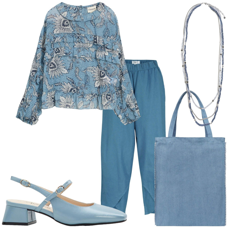 Outfit donna - Torna la bella stagione. Stile Casual chic per Tutti i giorni. Abbinamento con bluse, pantaloni, décolleté, borse tote, collane.