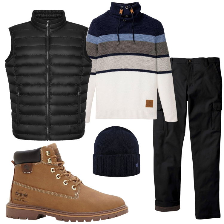 Outfit uomo - Total look #2329426. Stile Casual per Tutti i giorni. Abbinamento con pantaloni cargo, maglieria, stivali e stivaletti, piumini, cappelli.