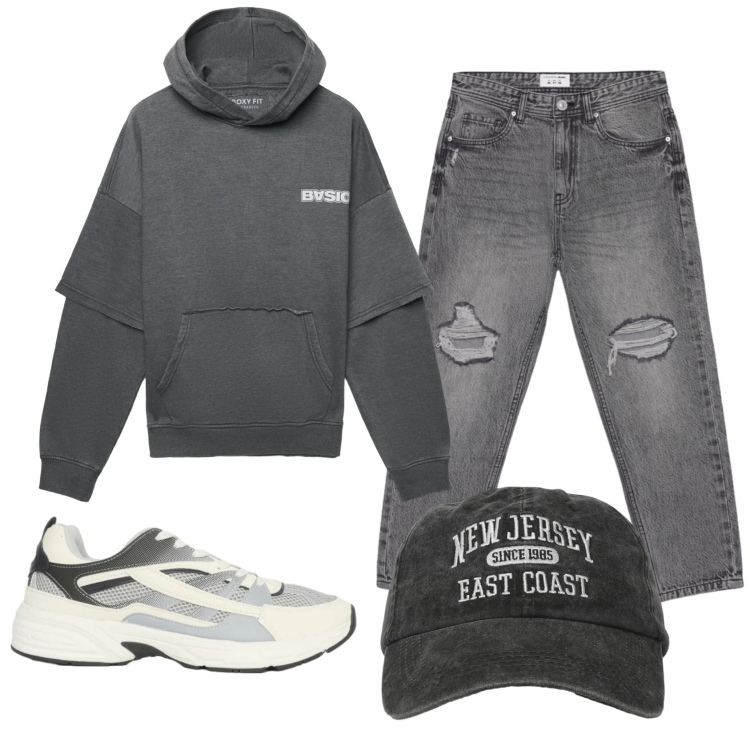 Outfit uomo - Total look #2329427. Stile Casual per Tutti i giorni. Abbinamento con cappelli con visiera, felpe con cappuccio, jeans strappati, sneakers.