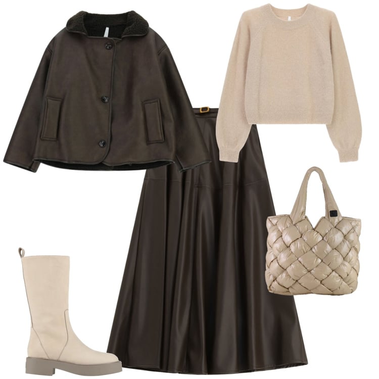 Outfit donna - Ogni giorno ufficio tempo libero. Stile Sporty chic per Tutti i giorni. Abbinamento con stivali, maglieria, gonne lunghe, giacche, borse tote.